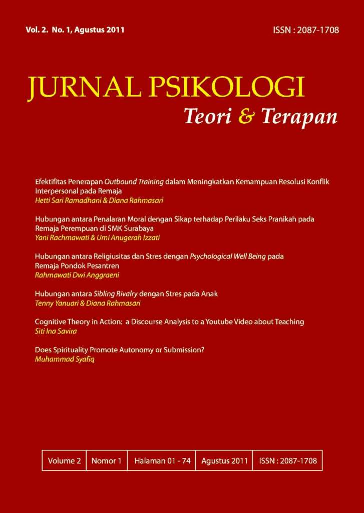 					View Vol. 2 No. 1 (2011): Jurnal Psikologi Teori dan Terapan
				