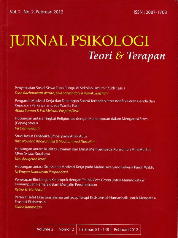 					View Vol. 2 No. 2 (2012): Jurnal Psikologi Teori dan Terapan
				