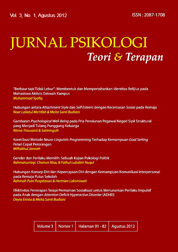 					View Vol. 3 No. 1 (2012): Jurnal Psikologi Teori dan Terapan
				