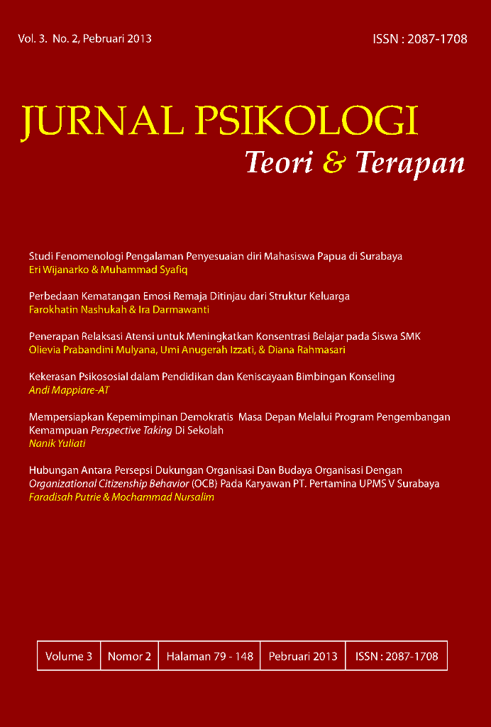 					View Vol. 3 No. 2 (2013): Jurnal Psikologi Teori dan Terapan
				