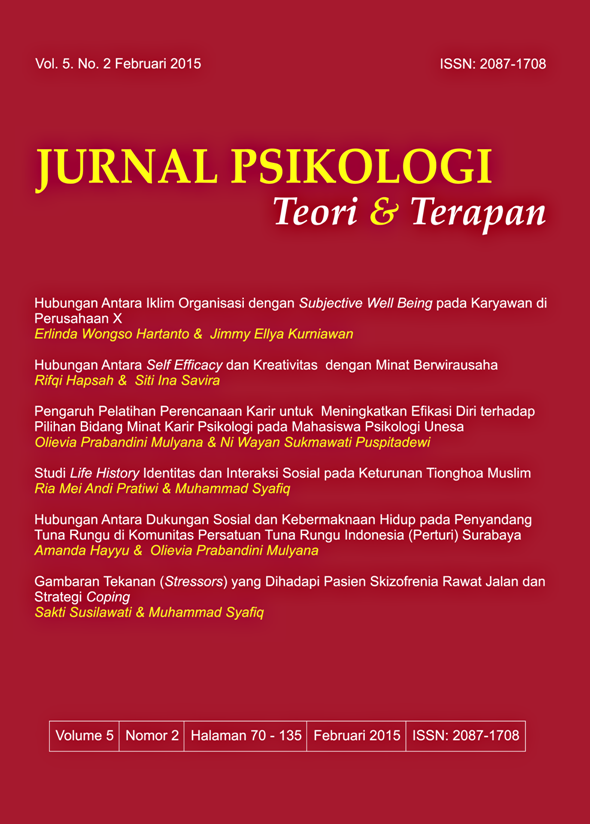 					View Vol. 5 No. 2 (2015): Jurnal Psikologi Teori dan Terapan
				