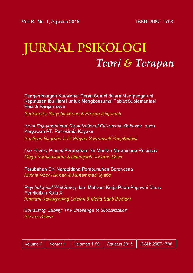 					View Vol. 6 No. 1 (2015): Jurnal Psikologi Teori dan Terapan
				